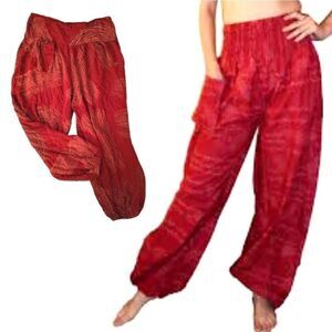 Red Pink Printed Rayon Boho Hippie Cropped Harem Pants Small | Medium